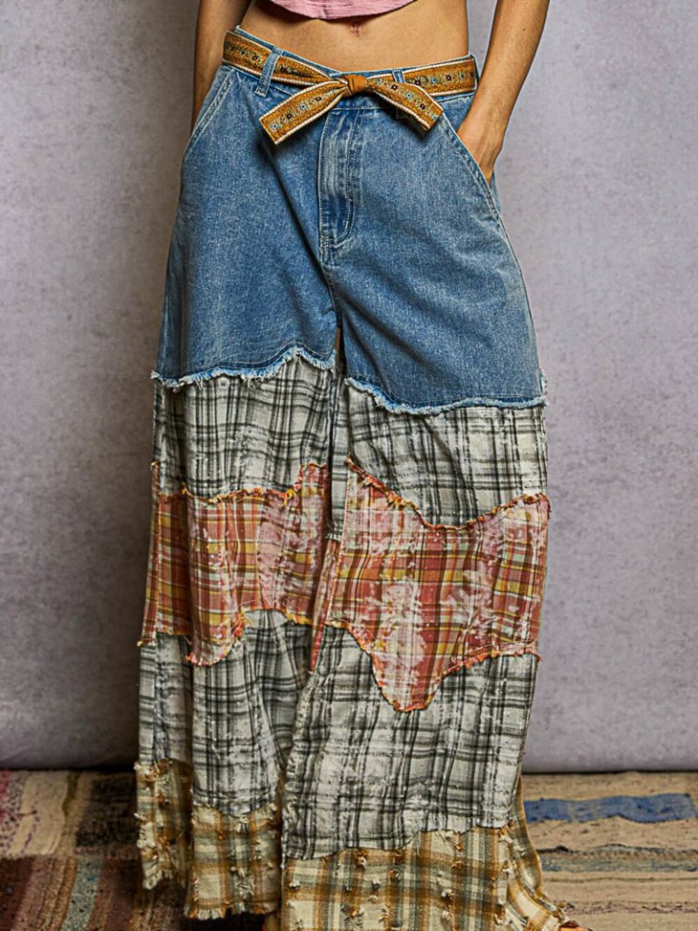 POL PLAID AND DENIM WIDE LEG PANT